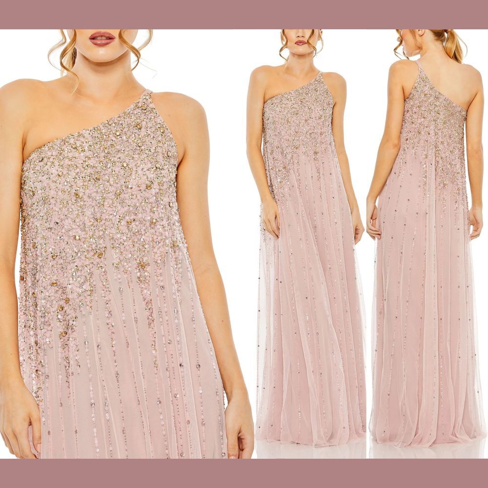 NWT Mac Duggal [ 4 ] 9224 One Shoulder Embellished Trapeze A Line Gown Porcelain
